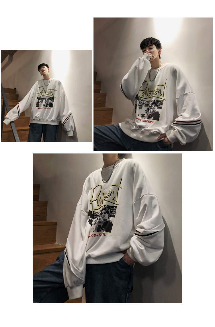 Mùa xuân mới giản dị cổ tròn áo len hip hop nam cộng với béo lớn size béo áo khoác lỏng phiên bản Hàn Quốc của xu hướng quần áo nam - Áo len áo hoodie ngắn tay