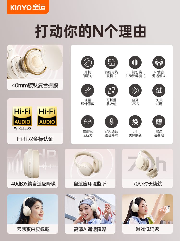 Jinyun Over-Ear Bluetooth Headphones Active Noise Cancellation Wireless Wired Computer Long Battery Life Gaming Headset New Model