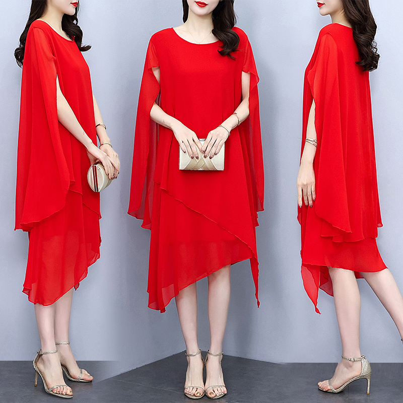 2026 Summer New Women's Clothing 100kg Plus Size Loose Slimming Cape Dress Elegant Belly-Covering Chiffon Dress