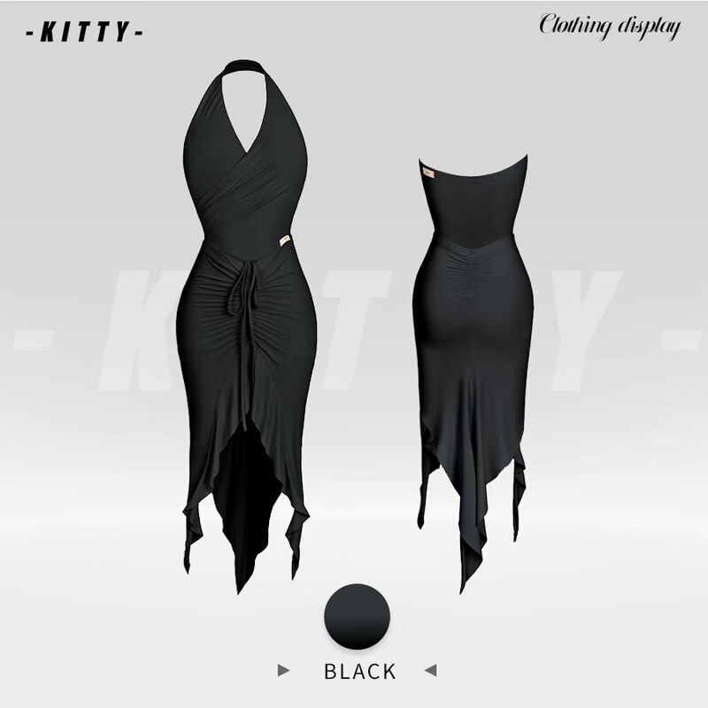 Kitty Latin Dance Cross-Pleated Belly Top V-Waist Fishtail Half Skirt Practice Training Outfit Black Pink Gray Kitty Latin Dance Cross-Pleated Belly Top V-Waist Fishtail Half Skirt Practice Training Outfit Black Pink Gray