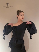 ASL National Standard Morden Dance Suit Blouse Black Slanted Shoulder Horn Sleeve Rose Exercises training Chest Cushion Conjoined