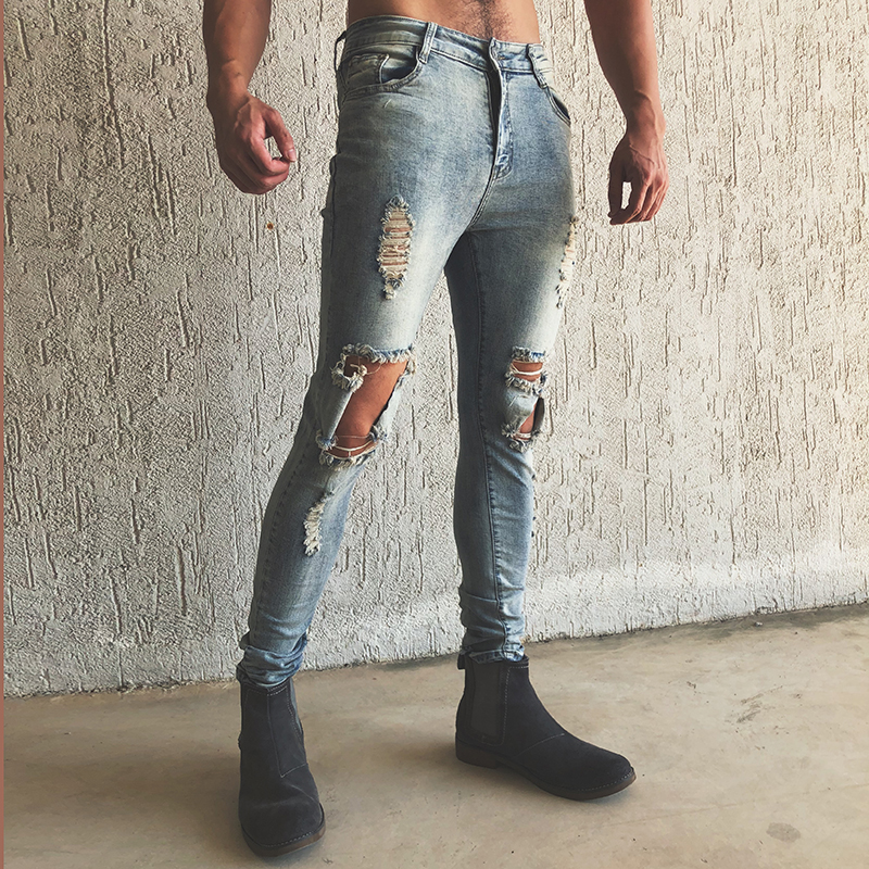 BEESTRONG autumn and winter broken hole jeans High Street personality male street original Tide brand stretch fitness jeans