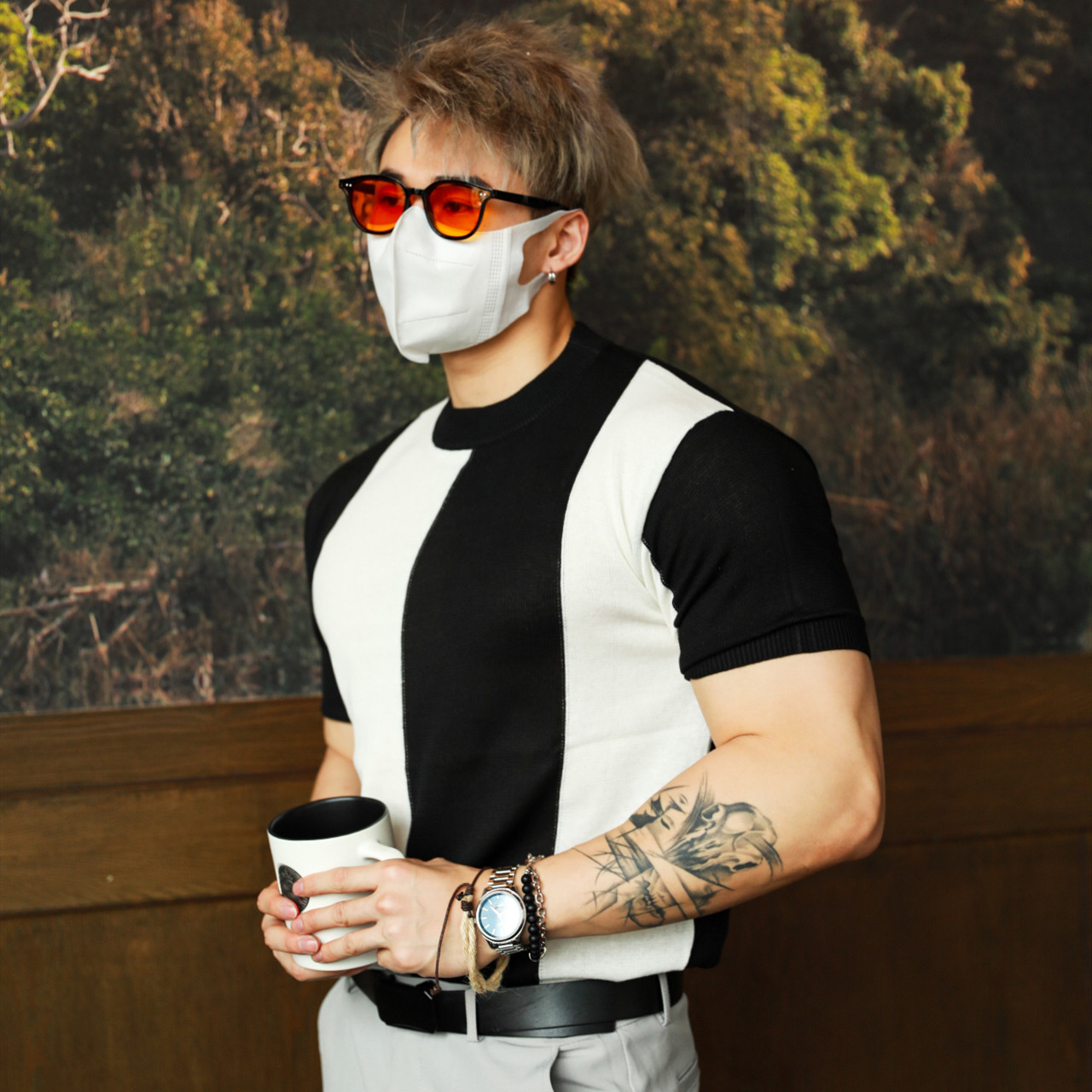 BEESTRONG splice colourful American retro short sleeve male ice wire knitted round collar sports leisure breathable T-shirt summer