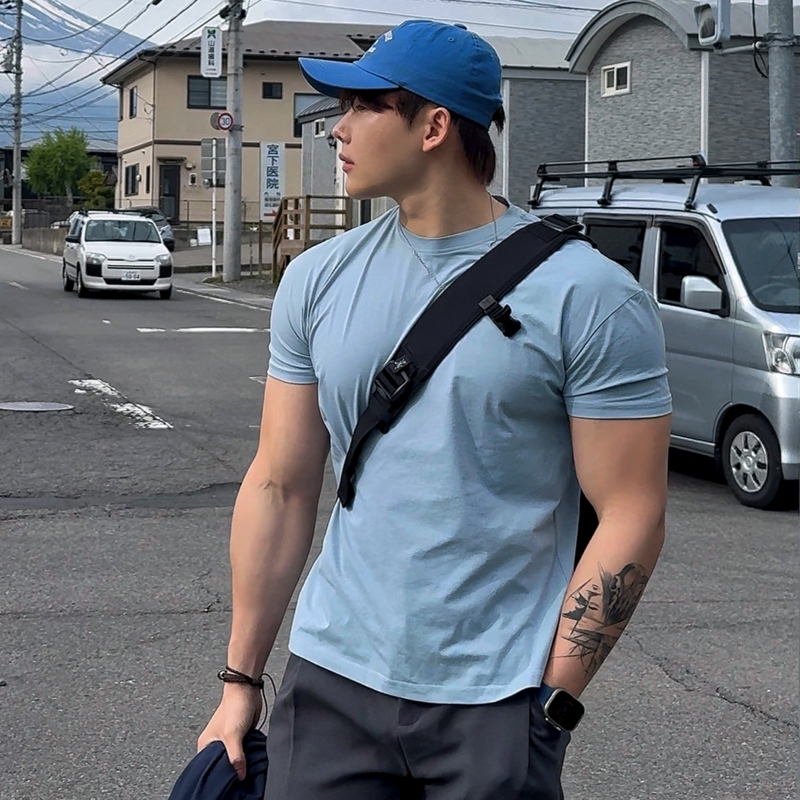 Bst American-Style Sports Solid Color Short-Sleeve Men's High-Elastic Fiber Splicing Simple Casual Round-Neck Thin Breathable T-Shirt