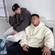 Lamb clothing sports sweater autumn and winter loose casual solid color thick hooded fitness fleece long sleeve men