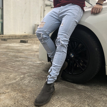 Simple solid color European and American ins super elastic fitness sports jeans mens slim muscle trend Joker sports pants