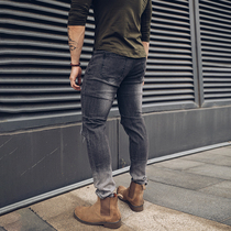 BEESTRONG spring and summer hole jeans elastic muscle men fitness pants trend Europe and America leisure ankle-length pants