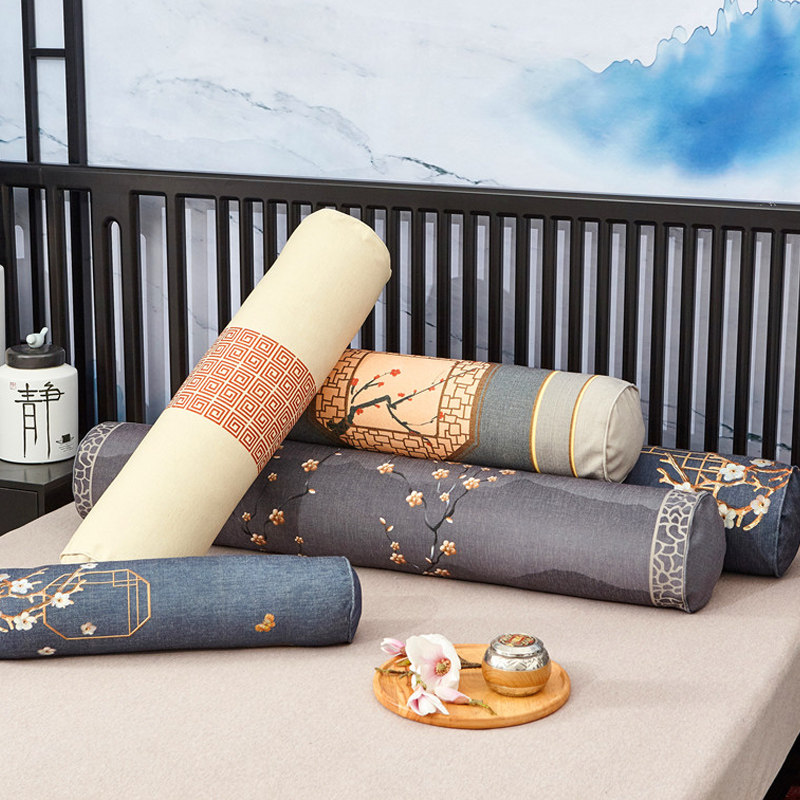 Cylindrical holding pillow cotton linen Chinese holding pillow strip can be detached to wash classical Chinese wind living room red wood sofa leaning against the pillow waist cushion