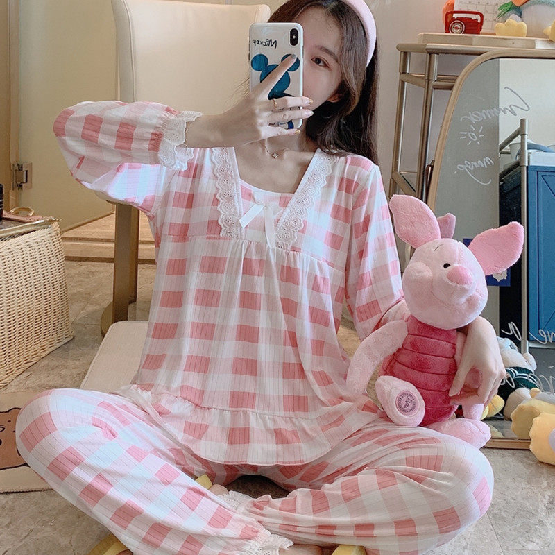 Han Sheng Spring and Autumn Pajamas Female Autumn Winter Thin Sleeve Cotton Lax Household Clothes Two Pieces Summer Lace Side