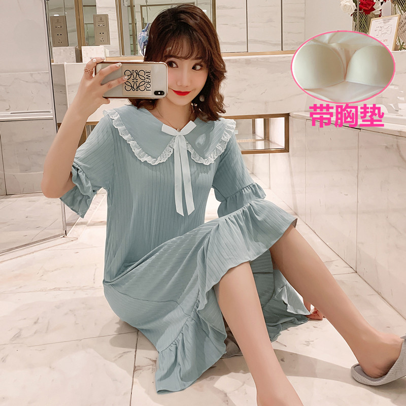 Nightdress female summer with chest pad short-sleeved pajamas maternity bathrobe sexy cute girl princess wind long knee skirt