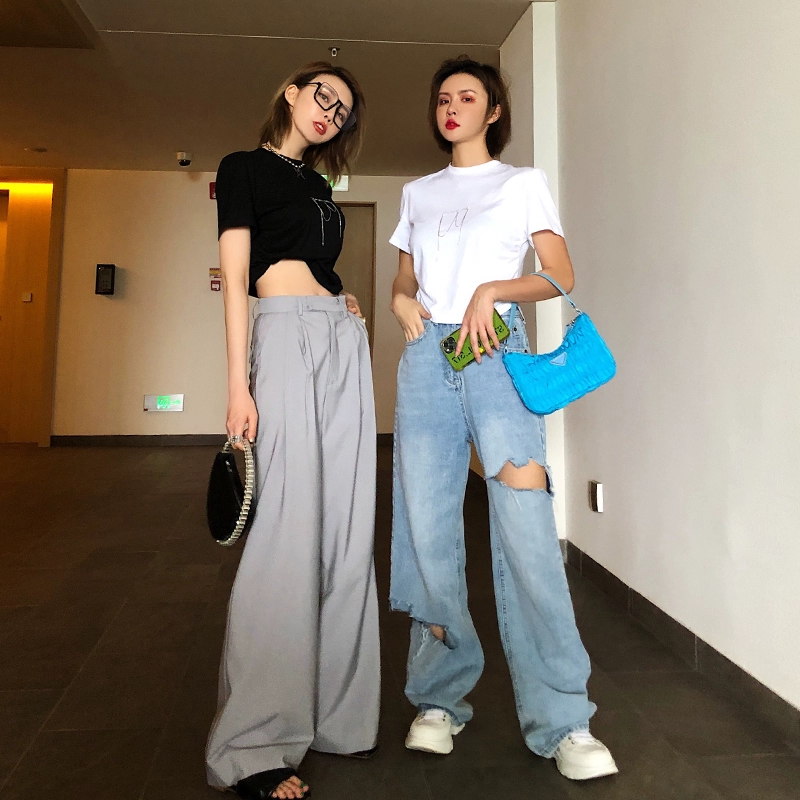 2020 quần jeans rách của phụ nữ lỏng lẻo thẳng quần bố retro phong cách Hồng Kông hoang dã cao eo là quần ống rộng chân mỏng - Quần jean