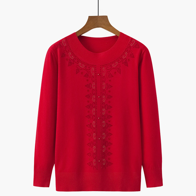 ເຄື່ອງນຸ່ງແມ່ດູໃບໄມ້ລົ່ນໃຫມ່ສີແຂງ pullover ຂະຫນາດໃຫຍ່ knitted ເທິງຂອງແມ່ຍິງໄວກາງຄົນແລະຜູ້ສູງອາຍຸຄົນອັບເດດ: ຄໍມົນເພັດ sweater