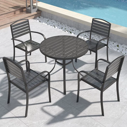 Уличный пластиковый деревянный стол и стулья, во дворе, водонепроницаемый, с защитой от солнца, на открытом воздухе, на балконе, для отдыха, в саду, на террасе, кофе, чай с молоком, комбинация на открытом воздухе