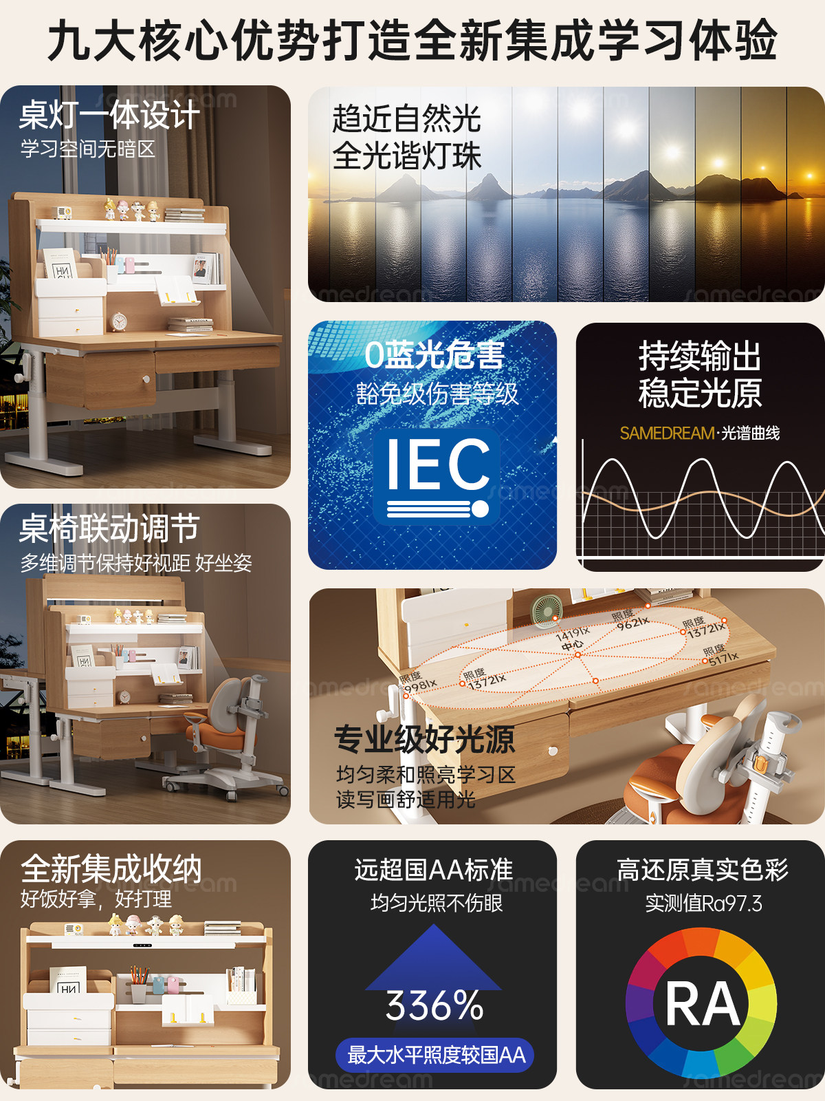 Sanmeng Children's Study Table, Solid Wood Desk for Primary School Students, Home Writing Desk, Adjustable Height Simple Desk and Chair Set