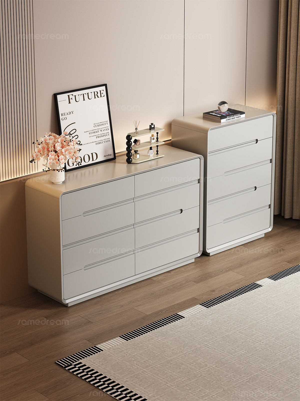 Italian-Style Solid Wood Chest of Drawers, Minimalist Bedroom Bedside Large-Capacity Storage Cabinet, Living Room Wall-Mounted Eight-Drawer Cabinet, Storage Cabinet