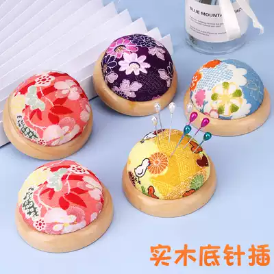 Solid wood log base needle insert handmade fabric diy cross stitch tool small black clip bag and wind fabric needle cushion needle holder