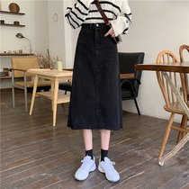 Plus size vintage plum tip black denim skirt female 2021 new summer atmospheric A- line dress skirt