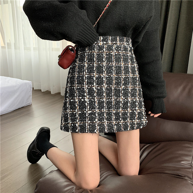 Large size fat mm Xiaoxiang style skirt cover crotch skirt high waist A-line skirt Korean version woolen short skirt women autumn and winter