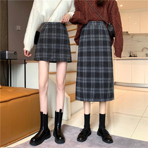 Hairy plaid skirt large size autumn and winter long a word retro temperament high waist step hip skirt fat mm
