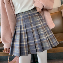 Large size pleated skirt Female wool skirt Student Korean Harajuku style high waist a word fat mm thin plaid skirt