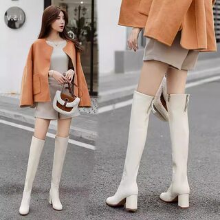 White Genuine Leather Long Boots for Women, Autumn and Winter, Chunky Heel, Winter High Heels, Petite, Slim Leg, Riding Boots, Over-The-Knee Boots