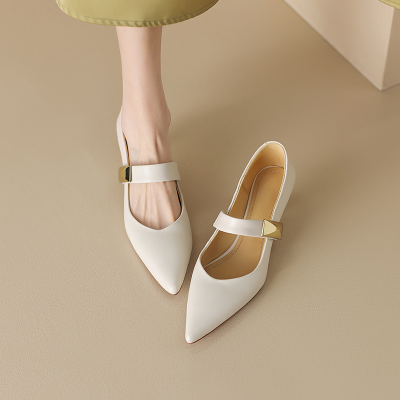 Nude High-Heeled Shoes for Women, Spring and Summer Pointed-Toe French-Style Sheepskin Comfortable Single-Strap Flat Mary Jane Shoes