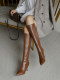Brown boots, feminine, pointed toe high heels, stiletto heels, no more than knee high boots, coffee boots for small people, women