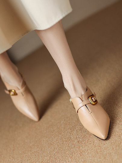 Sheepskin white French ankle boots for women spring and autumn single boots pointed toe high heels women's stiletto metal buckle shallow mouth short boots