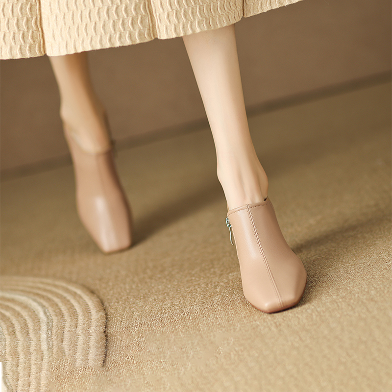 Elegant French-Style Ankle Boots, Slim Boots, Nude-Colored Deep-Cut Single Shoes, Spring High Heels, Chunky Heel, White Stylish Short Boots