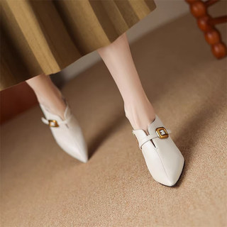 Sheepskin White French Ankle Boots for Women, Spring and Autumn Single Boots, Pointed Toe High Heels, Women's Stiletto Heels, Metal Buckle Shallow Short Boots