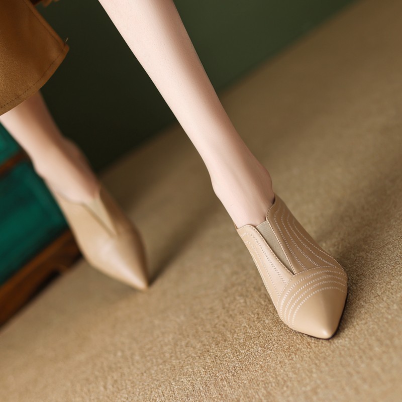 Naked French temperament design sheep skin boots female spring mouth single shoe pointed heels heels ankle boots