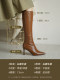 Brown boots, feminine, pointed toe high heels, stiletto heels, no more than knee high boots, coffee boots for small people, women