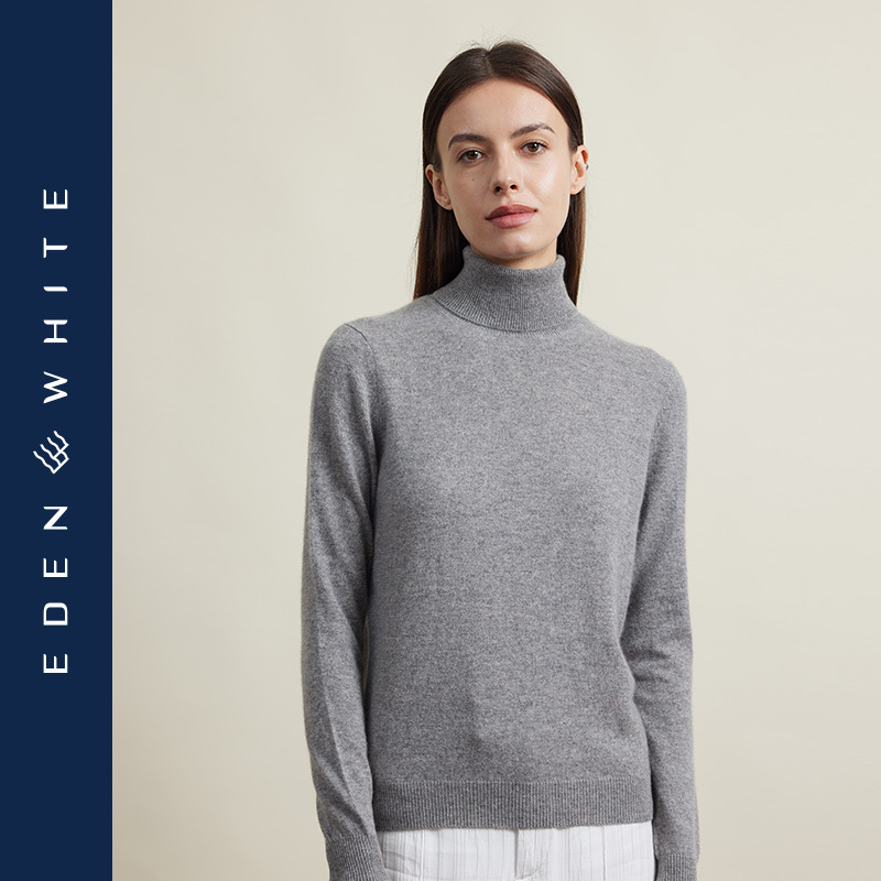 Saint Xue Rong 100% Cashmere Women's Turtleneck Solid Color Slim-Fit Knit Sweater Versatile Long-Sleeve Pullover Base Sweater for Commuting
