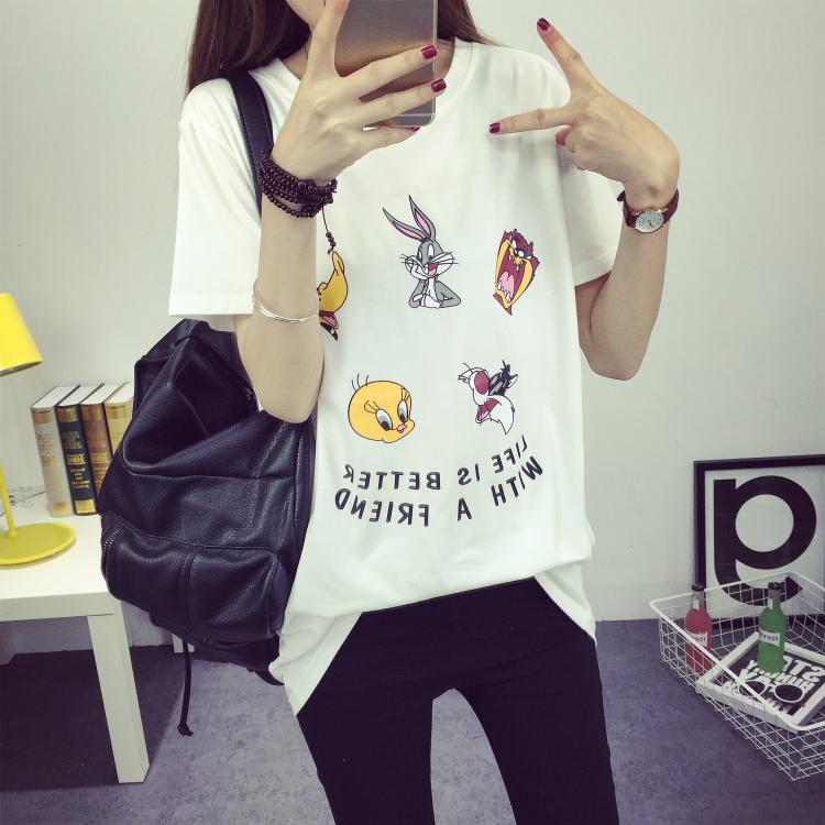 Mùa hè mới thai sản váy ngắn tay cotton dễ thương phim hoạt hình in dài lỏng T-Shirt của phụ nữ áo triều thời trang