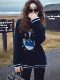 High-end casual soft and waxy dark blue cute cartoon sweater for women in autumn and winter fashionable style loose lazy sweater