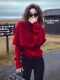 Heavy-duty bright silk design with shawl and stylish red sweater for women in autumn and winter, loose and lazy knitted sweater