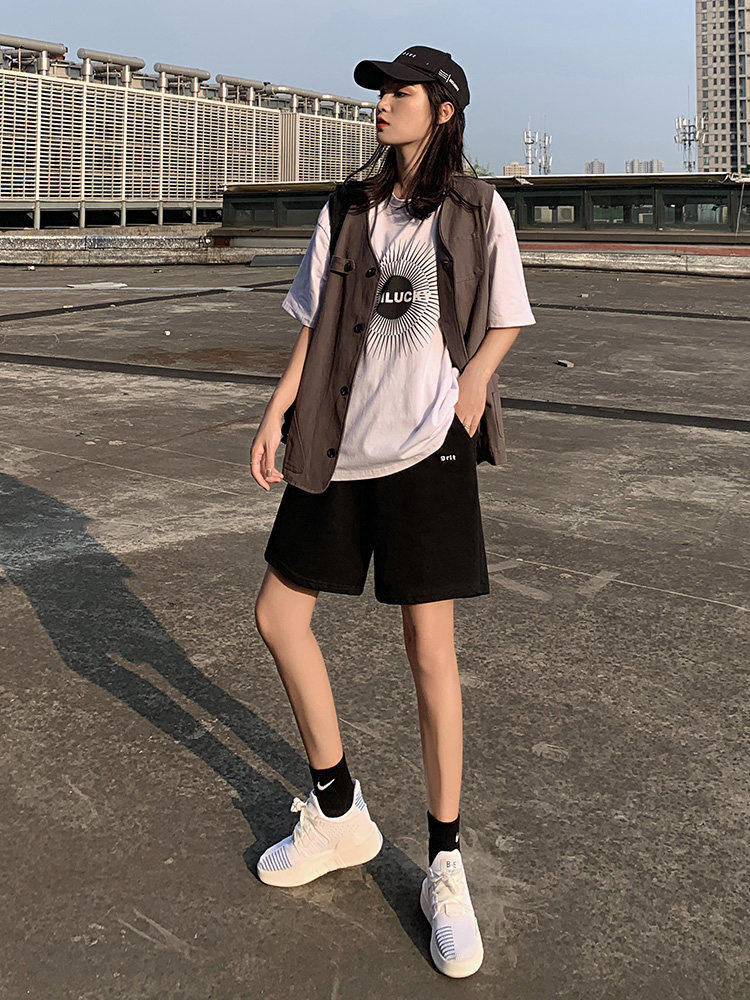 Black sports shorts Women summer loose straight tube pants students Joker thin casual wide legs ins tide five-point pants