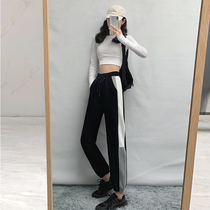 Gray sports pants womens spring and autumn loose leg pants Europe and the United States Joker high waist straight casual pants ins tide