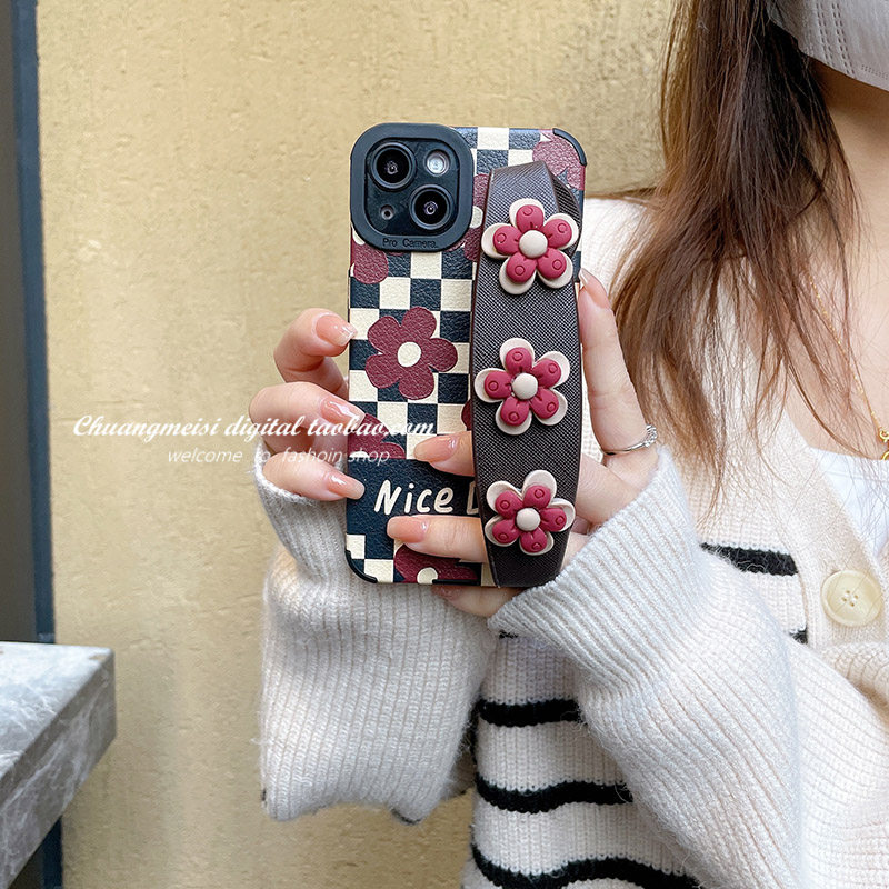 Vintage Plaid Burgundy Flowers for Oppo 55 Cell Phone Case Wrist Protector A93 New A5a8a9 Personalised Trendy Brand A11x Women's A32a72 Full Lens A3a