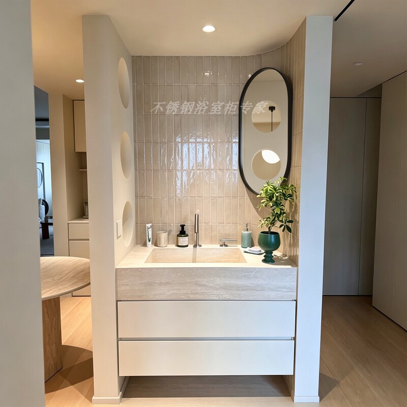 Stainless Steel Honeycomb Aluminum Bathroom Cabinet Combination with Thickened Travertine Stone Slab and Hot-Bent Integrated Basin for Bathroom Handwashing and Washing Station