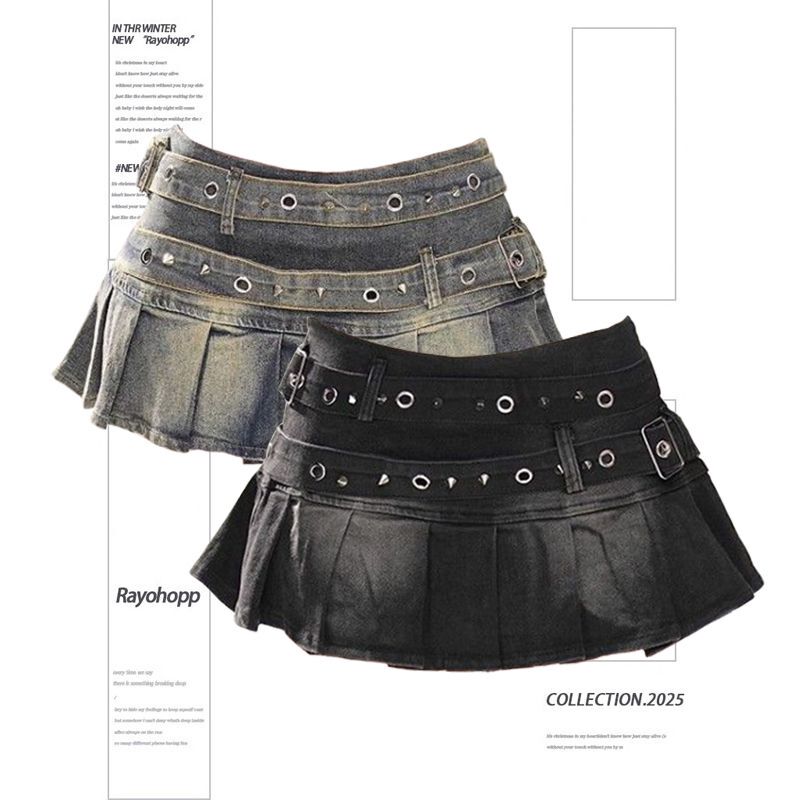 Kellykitty High-End Proportion American-Style Spicy Girl Denim Skirt Women's Summer A-Line Slimming Pleated Skirt Short Skirt
