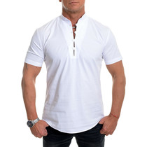 Blouse Mens Summer Cotton White Black Solid Short Sleeve H