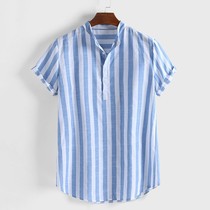 Summer Mens Blouse Shirts Striped Cotton Linen Henry Colla