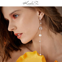 French elegant light luxury pearl gemstone long asymmetrical tassel cold earrings painless no ear pierced ear clip female