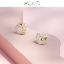 Natural Cats Eye Stone Flower Full diamond crescent zircon earrings earrings earless ear clip sweet small earring