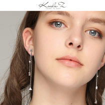 Fresh and simple design triangular geometric crystal Zircon double tassel earrings without ear hole ear clip Joker accessories