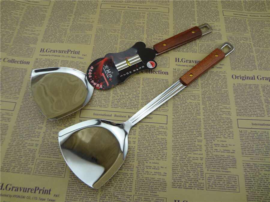 3% non-magnetic stainless steel square wooden clip handle spatula soup shell environmental protection wooden handle cooking shovel high-end cooking shovel kitchen