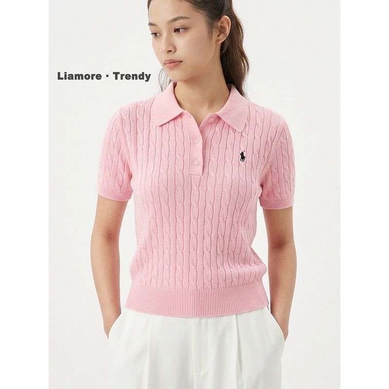 26 Spring/Summer New Classic Pony Embroidery Old Money Style Tencel Sweater Cable Knit Top Twist Collar Polo Shirt for Women
