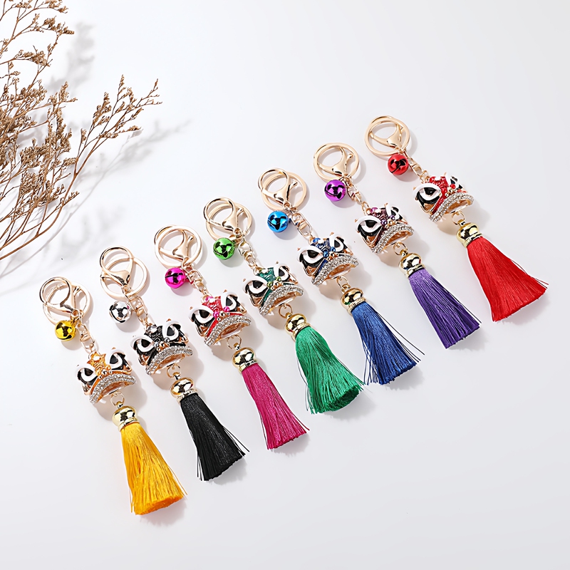 Lion Head Tassel Keychain with Sparkling Rhinestones, Little Lion Bell That Can Ring, Cartoon Bag Charm, Hot-Selling Small Pendant