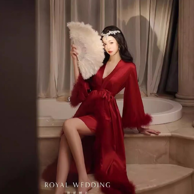 Red Feather French Wedding Dressing Gown for Women, Sexy Bridal Nightgown Set, Long Morning Photo Shoot Robe, Zodiac Year Pajamas Red Feather French Wedding Dressing Gown for Women, Sexy Bridal Nightgown Set, Long Morning Photo Shoot Robe, Zodiac Year Pajamas